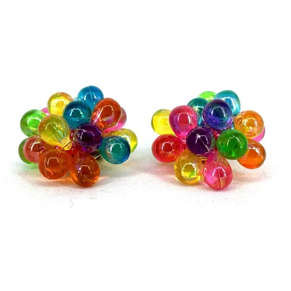 Lucite Earrings Multi Colored Bubbles Cluster Clip-On Jewelry 1.5